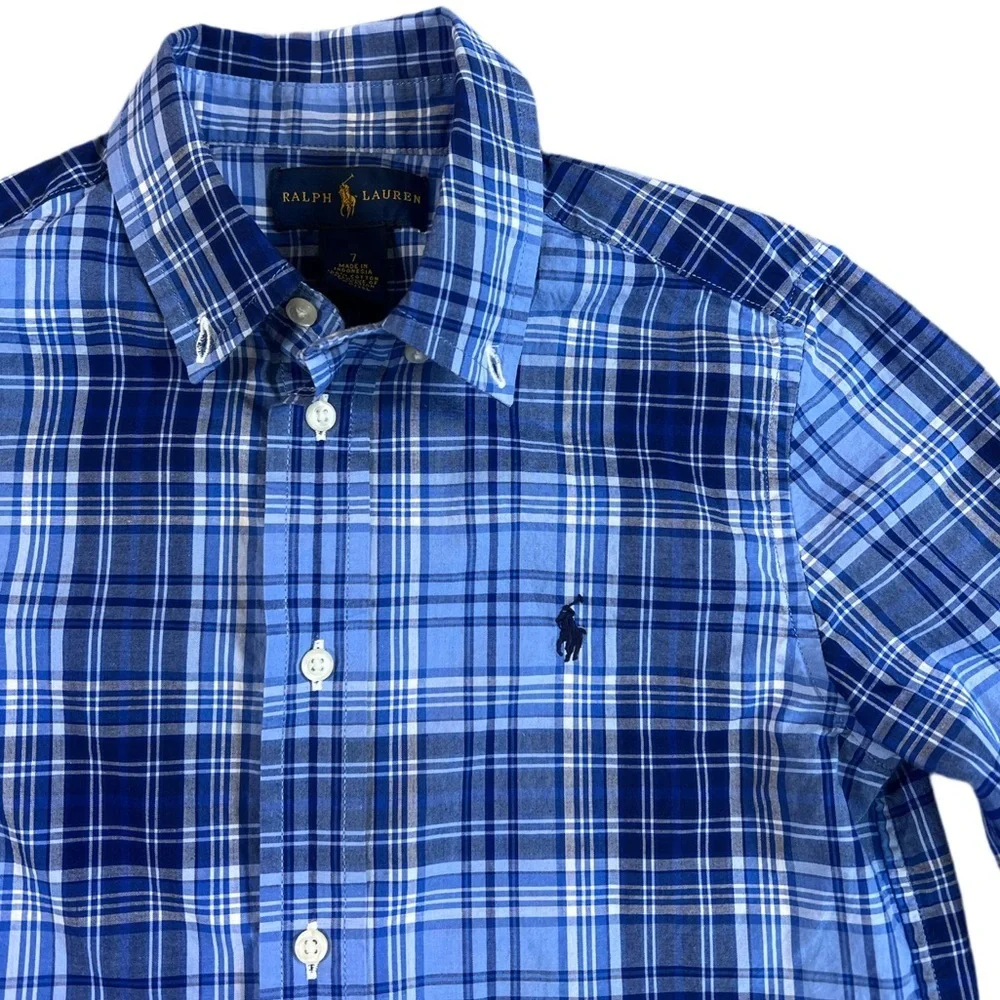 Ralph Lauren Boys Blue Plaid Button Down Shirt Size 7 Long Sleeve